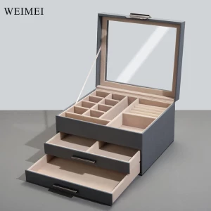 WEIMEI 3-Layer Grande Multi-Funcional Organizador de Jóias com Gavetas Estojo de Exibição de Armazenamento de Couro Premium para Mulheres--en