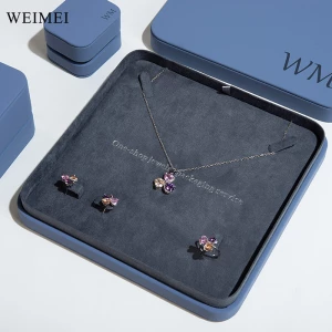 WEIMEI Custom Blue Lid and Base Ring Jewelry Gift Packaging Luxury Leather Jewelry Box Set Necklace Ring Earring