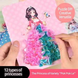 New Support customization Kids Puzzle Puncture Painting Toys with 12 Princess Board Stickers Fabric Poking Art DIY Craft Kit