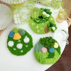 Latch Hook Coaster Kits for Adults Beginners Moss Simple Embroidery DIY Crochet Yarn Rugs Hooking Craft Kit for Gift Home Decor